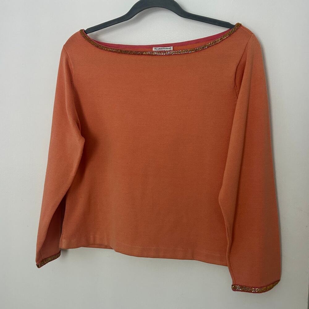 Vintage Chetta B Evening Silk-Blend Orange Beaded Boat-Neck Blouse